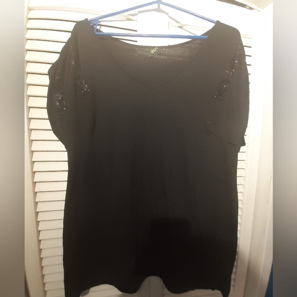 Black Tee With Sequin Shoulder Detail